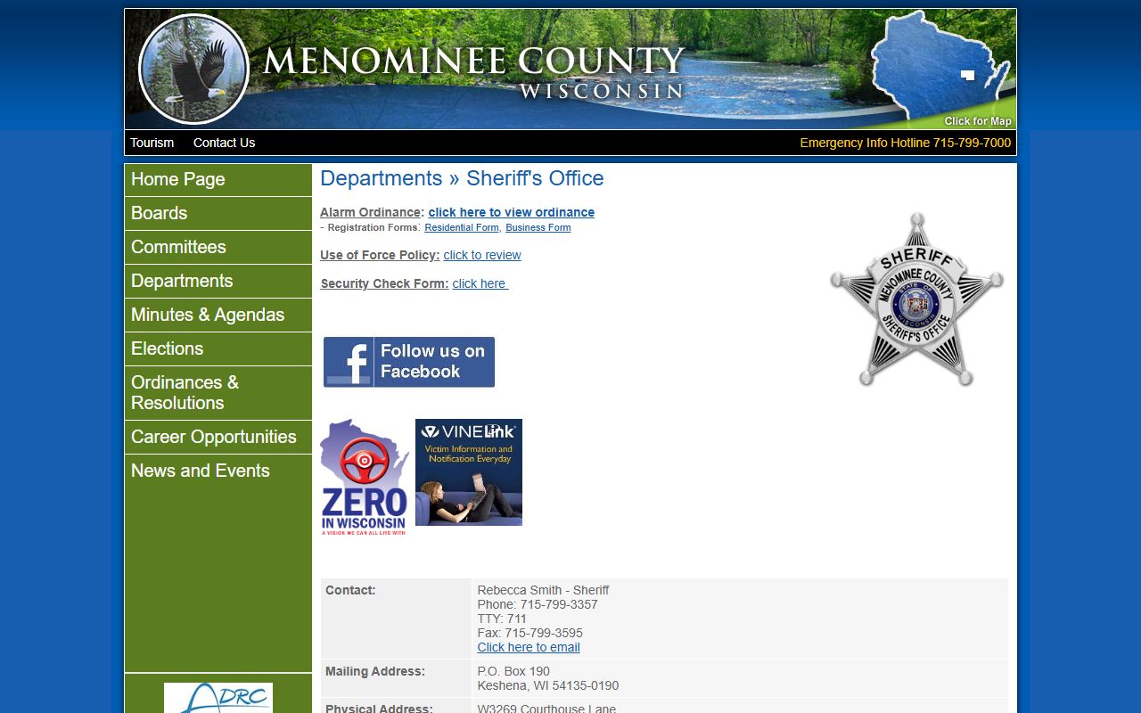 Menominee County sheriff page for inmate records contact