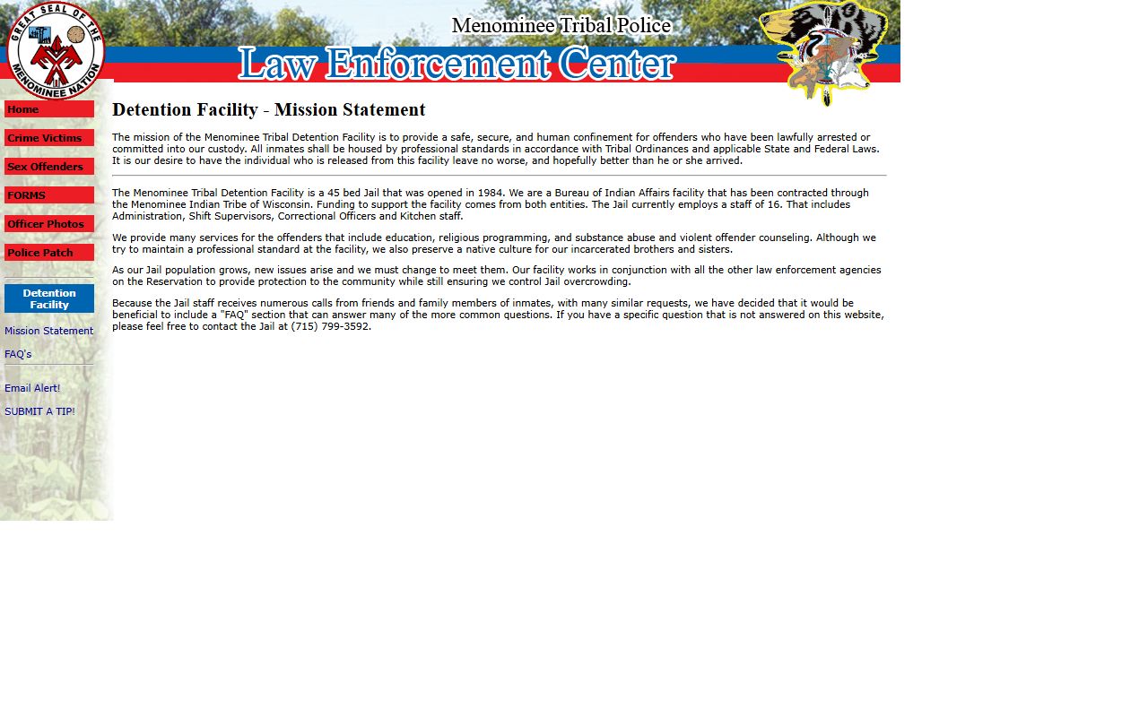 Menominee Tribal Detention Facility inmate lookup official detention page