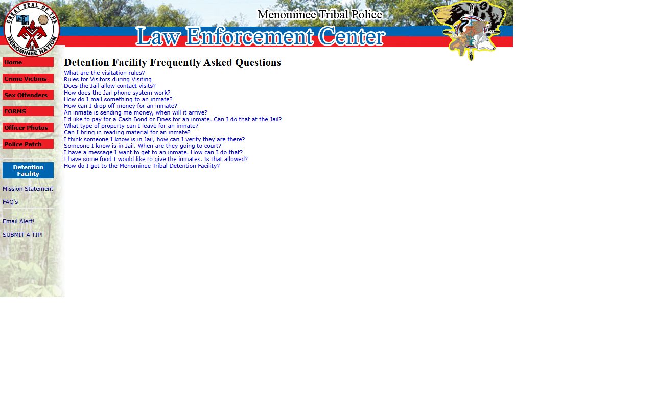 Menominee Tribal Detention Facility visitation schedule and inmate FAQ