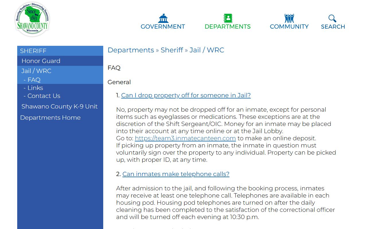 Menominee County jail mugshots Shawano County Jail FAQ custody information