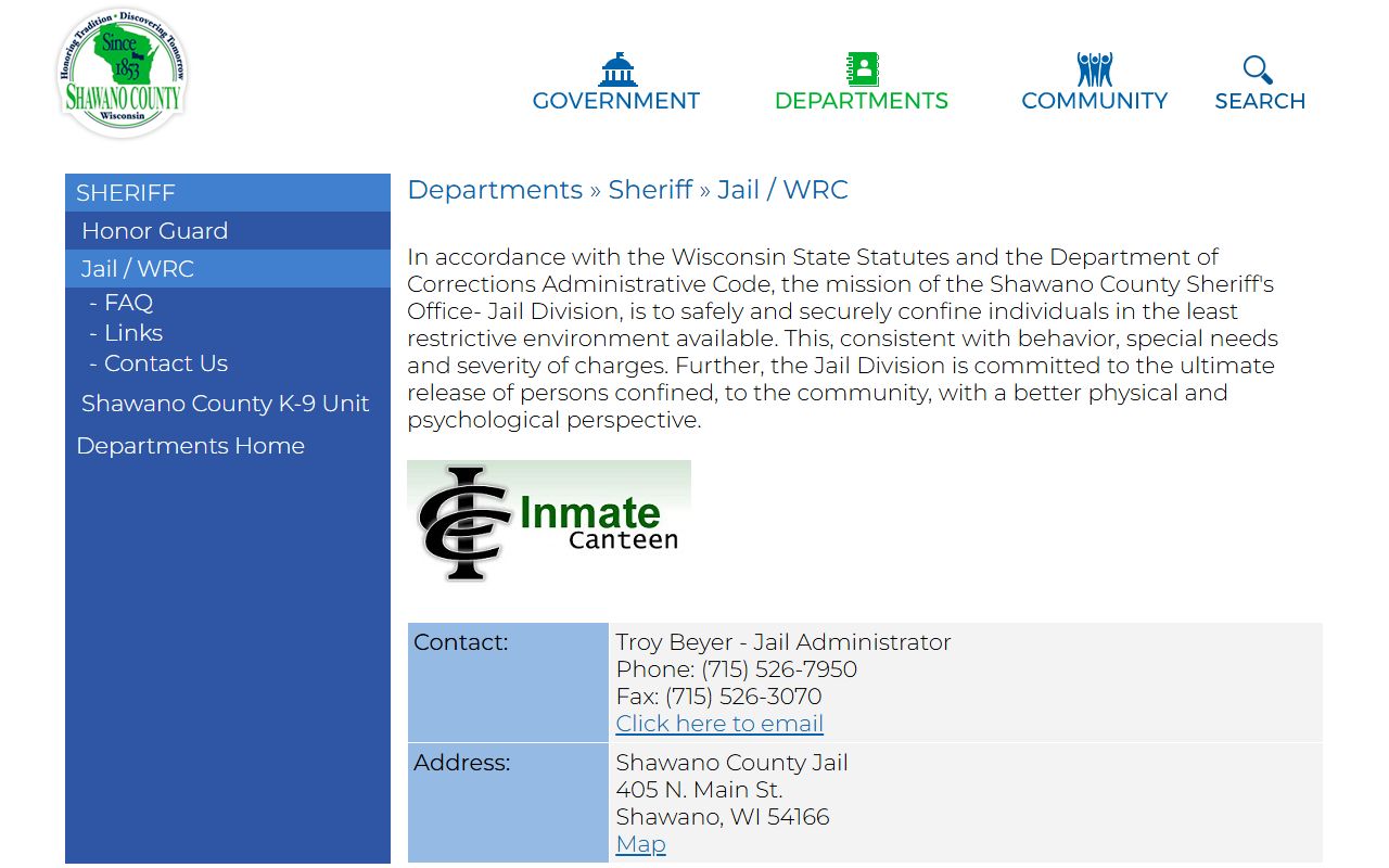 Shawano County Jail page for Menominee County inmate lookup
