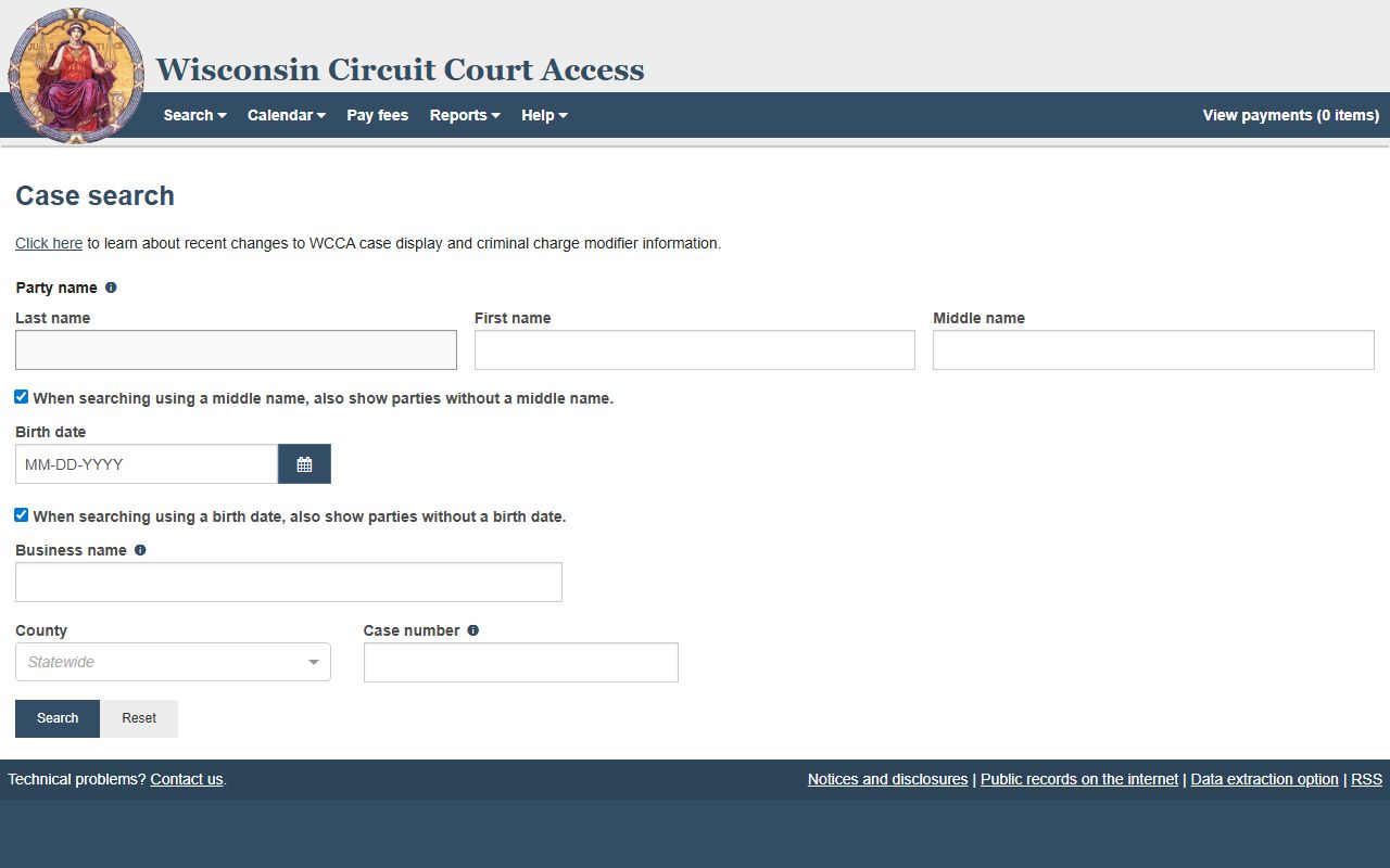 Menominee County court records after arrest WCCA case search fields